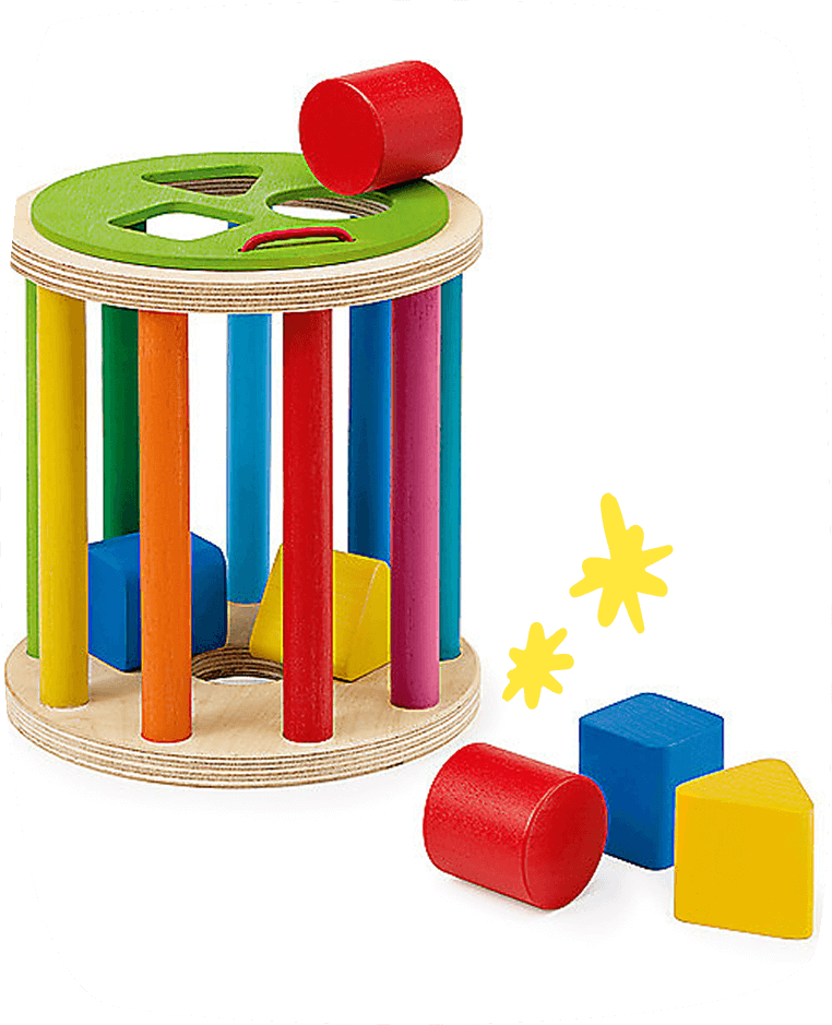 Juguete de madera para encajar formas geométricas de colores, ideal para el desarrollo de la coordinación en niños pequeños.