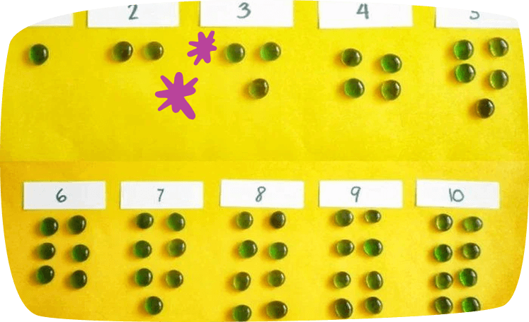 Actividad Montessori para contar con canicas en una tabla amarilla