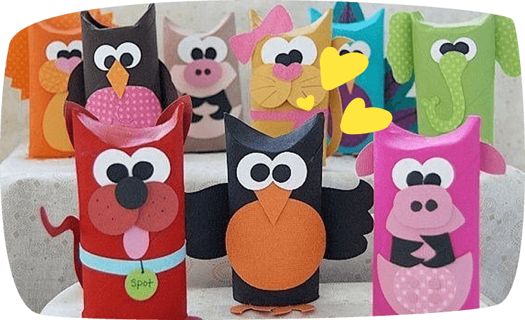 Animales divertidos hechos con rollos de papel higiénico y cartulina de colores.