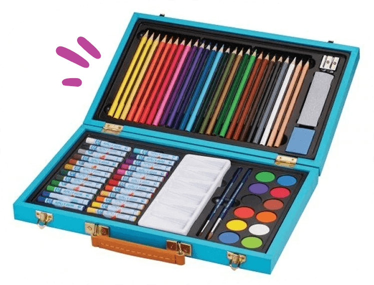 Maletín de manualidades con lápices de colores, rotuladores, acuarelas y accesorios para niños creativos.