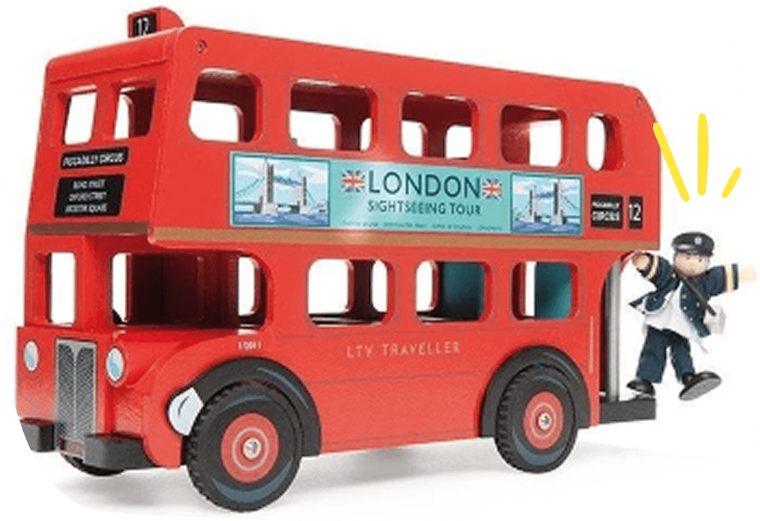 Autobús de juguete de madera estilo londinense con conductor, perfecto para juegos de rol infantiles.