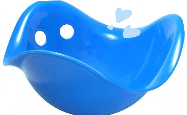 Balancín de plástico azul tipo bilibo para juegos de equilibrio y coordinación en niños pequeños.