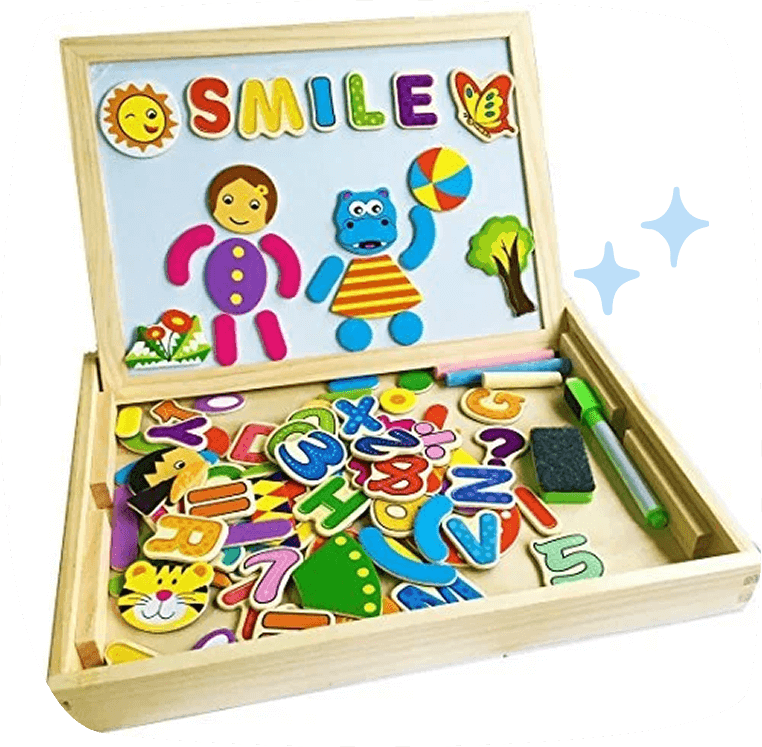 Maletín de madera con pizarra magnética y piezas de letras, números y dibujos para niños pequeños.