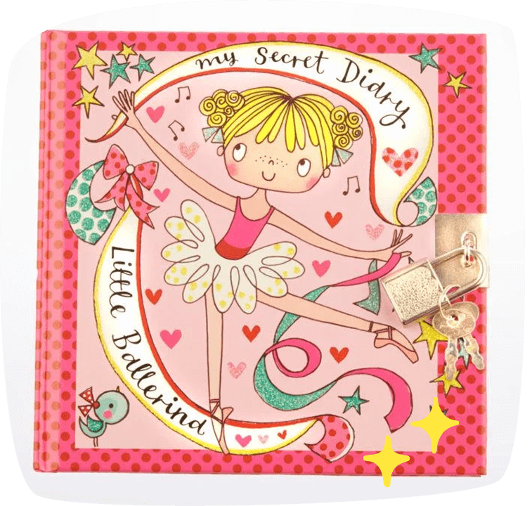 Diario secreto decorado con ilustraciones de una bailarina, con candado y llaves, ideal para niños de 8 años.