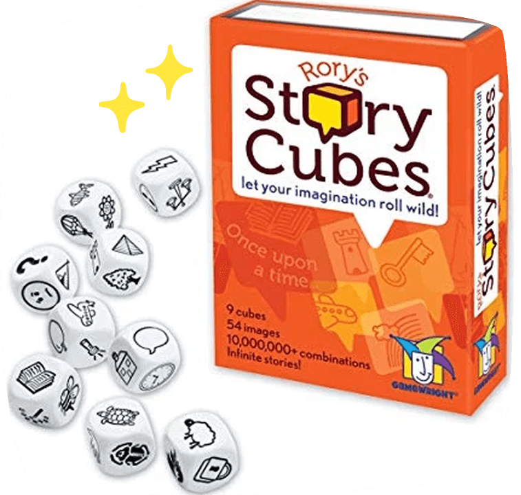 Caja de Rory's Story Cubes con dados ilustrados para crear historias imaginativas y fomentar la creatividad infantil.