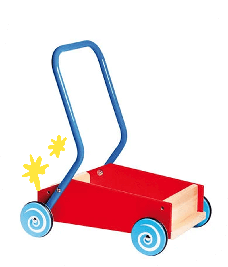 Carrito de empuje rojo con ruedas azules y estructura metálica, ideal para ayudar a caminar a niños pequeños.