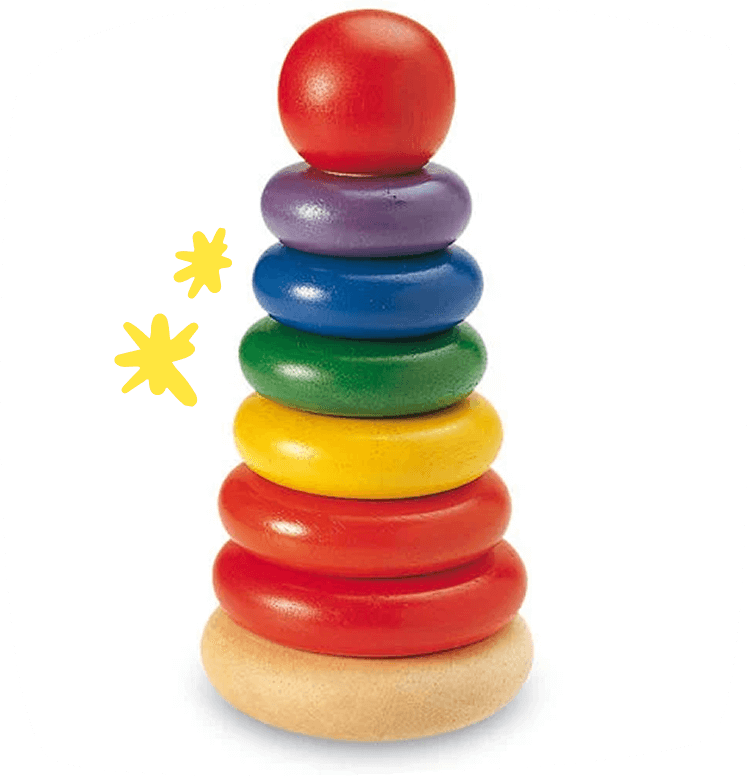 Torre de anillos de madera de colores que se apilan para fomentar la coordinación y la motricidad fina.